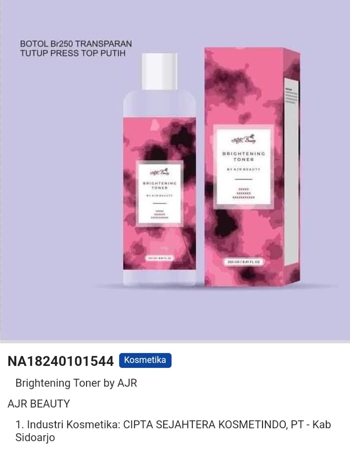 Produk MLj Skin AJR Beauty Brightening Toner Terdaftar BPOM