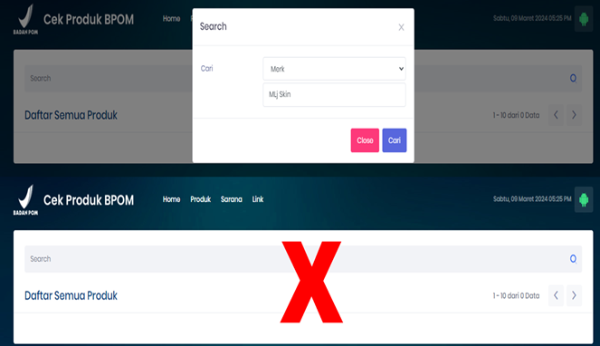 Tangkapan Layar Cek BPOM Merk Produk MLj Skin Tidak Terdaftar BPOM
