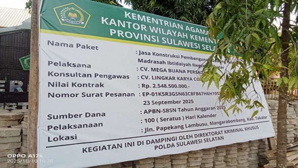 Papan Proyek Kegiatan Gedung MIN 2 Takalar Runtuh, Proyek Pendampingan Krimsus Polda Sulsel Bikin Malu!