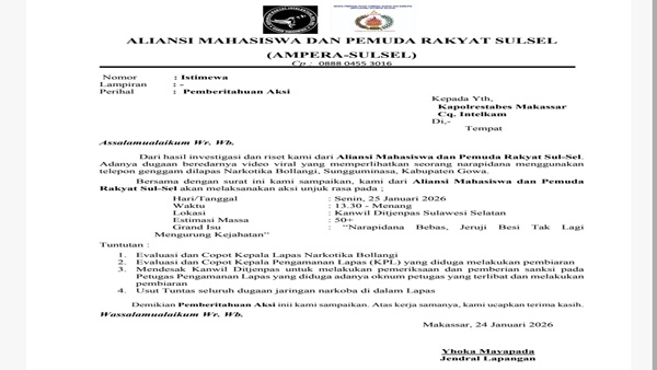 Surat Pemberitahuan Aksi LANTIK–AMPERA Angkat Isu Ponsel Bebas, Lapas Bollangi Kembali Diguncang Aksi