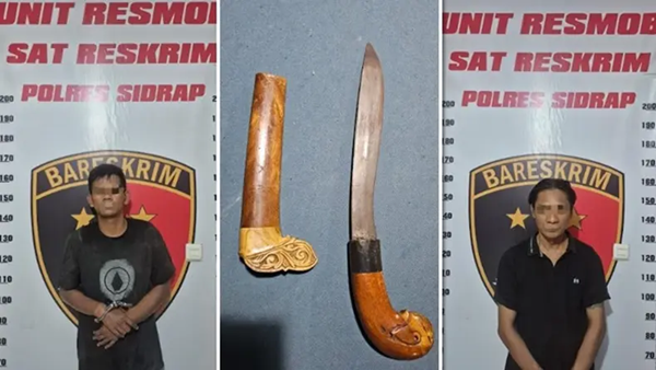 Dua pelaku pemerasan bersenjata badik di SPBU Wala, Kabupaten Sidrap, berhasil diamankan polisi bersama barang bukti berupa sebilah badik. (Foto kolase) Polres Sidrap Ungkap Kasus Pemerasan Bersajam di SPBU Wala, Dua Pelaku Diamankan