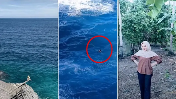 Tangkapan layar video yang memperlihatkan kawasan wisata Tebing Apparalang di Kabupaten Bulukumba, kondisi Elmi (17) saat terombang-ambing di laut usai diterjang ombak (lingkaran merah), serta foto korban yang hingga kini masih dalam pencarian tim SAR gabungan, Minggu (7/6/2026). Niat Berfoto di Tebing Apparalang, Siswi SMA Hilang Usai Diterjang Ombak Besar