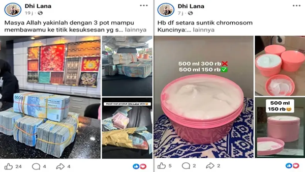 Tangkapan layar akun Facebook owner Dhi Lana yang memperlihatkan unggahan promosi produk handbody (HB) serta foto tumpukan uang tunai. (Foto: Kolase) Pamer Duit Segepok di Tengah Sorotan HB Diduga Tak Berizin, Owner Belum Tersentuh