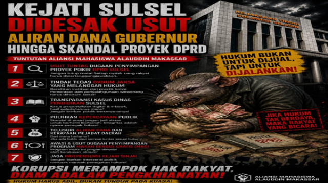 Kejati Sulsel Didesak Bongkar Dugaan Aliran Dana Gubernur hingga Proyek Pokir DPRD