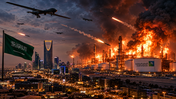 Ilustrasi serangan rudal dan drone di Riyadh yang memicu kebakaran hebat di kompleks kilang minyak Arab Saudi, menggambarkan eskalasi konflik Houthi–Saudi. (Visual AI) Houthi Gempur Arab Saudi, Kilang Minyak Ras Tanura Dilaporkan Terbakar