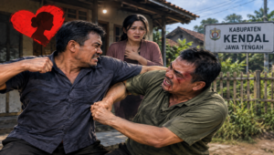 Ilustrasi dua pria duel berebut janda di Kabupaten Kendal, Jawa Tengah (Visual AI) Pria Beristri Berebut Cinta Janda di Kendal, Duel Berdarah Berujung Maut