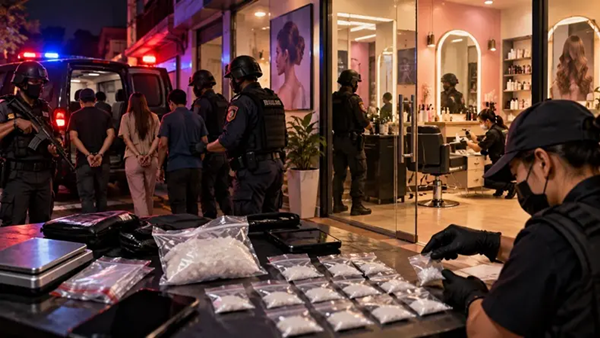 Ilustrasi penggerebekan gudang sabu yang diduga berkedok salon kecantikan di Kelurahan Pampang, Kecamatan Panakkukang, Makassar. Polisi mengamankan empat orang terduga pelaku dan menyita barang bukti sabu seberat 90 gram dalam penggerebekan di sejumlah lokasi (Visual AI). Gudang Sabu Berkedok Salon di Makassar Digerebek Polisi, 4 Orang Ditangkap